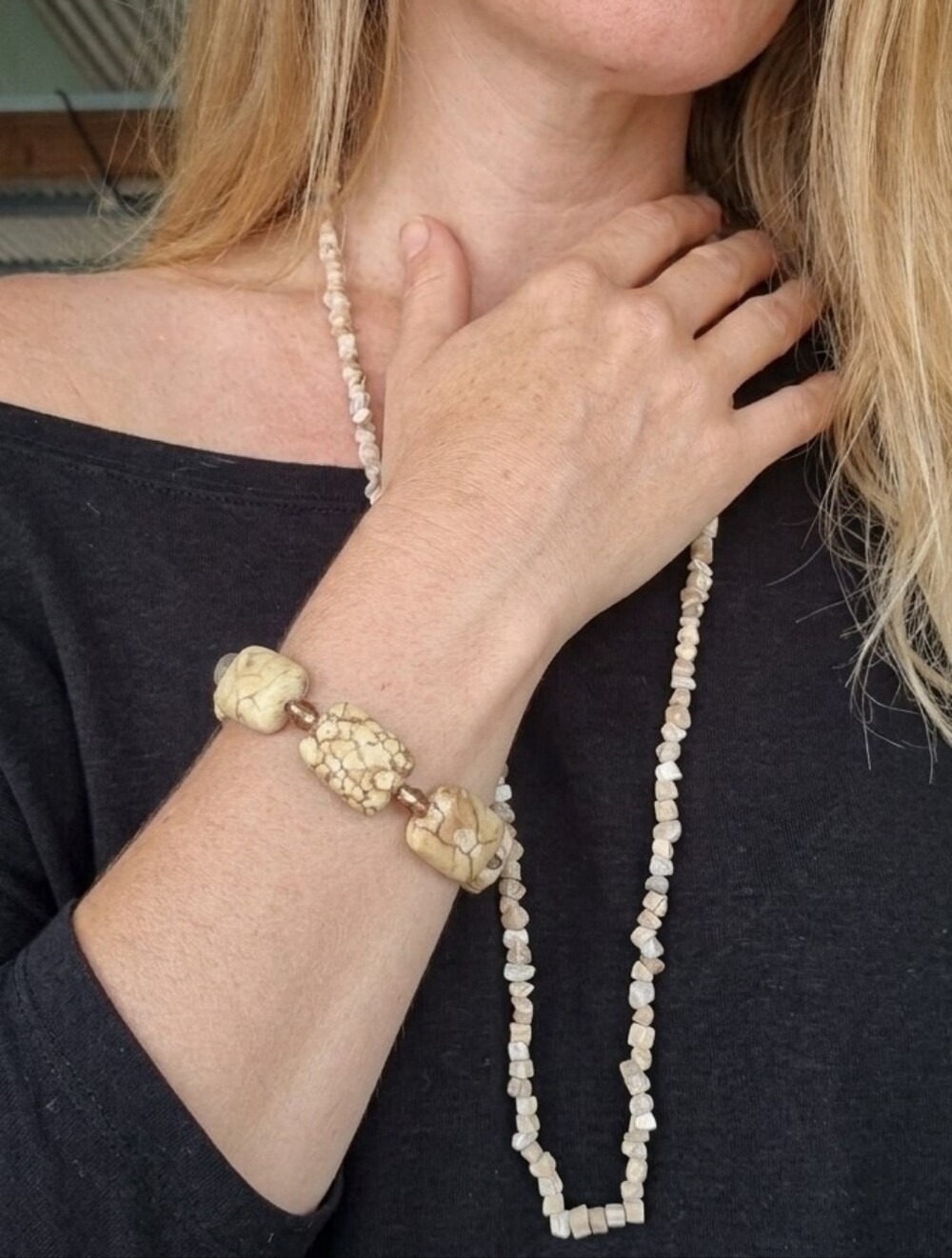 Natural Beige Stone & Faceted Crystal Bracelet, Stone Necklace Set Women Jewelry
